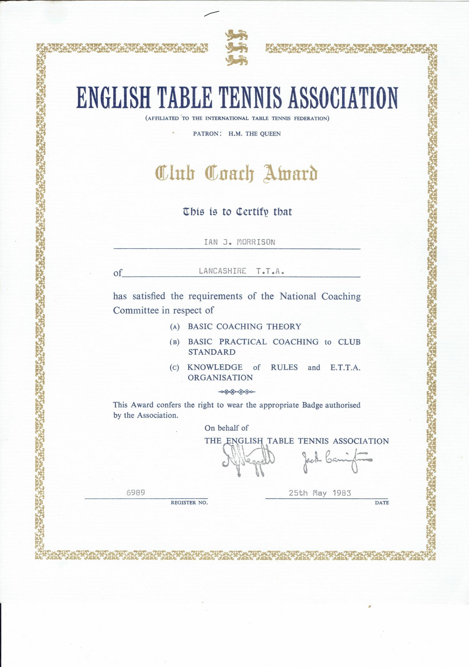 Table Tennis Award